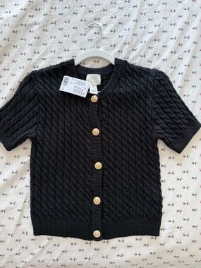 H&M Black Short-Sleeve Cable Knit Cardigan with Gold Buttons